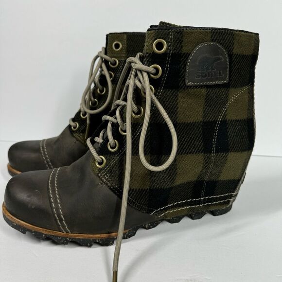 Sorel Wedge Ankle Buffalo Check Plaid PDX Boots Green Black Booties Size 11 - Picture 6 of 12